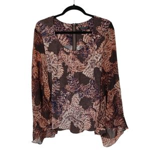 MARISA KENSON Split Cape Back Long Sleeve Brown Paisley Print Top Medium